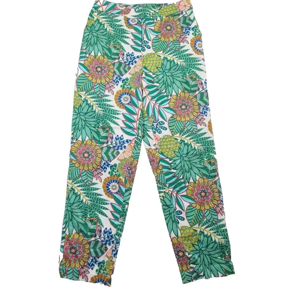 Boden Danby Pull On Pants Women's 6 Green Yellow Pink Paradise Jungle Palm Leaf